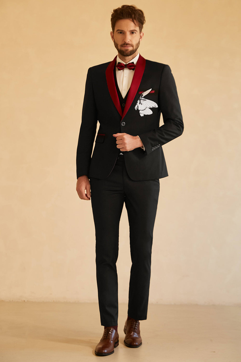 Costume de soirée homme noir rouge revers châle