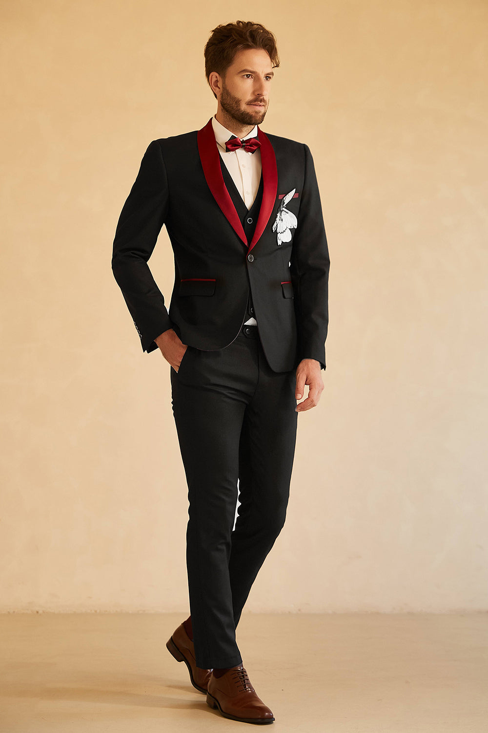 Costume de soirée homme noir rouge revers châle