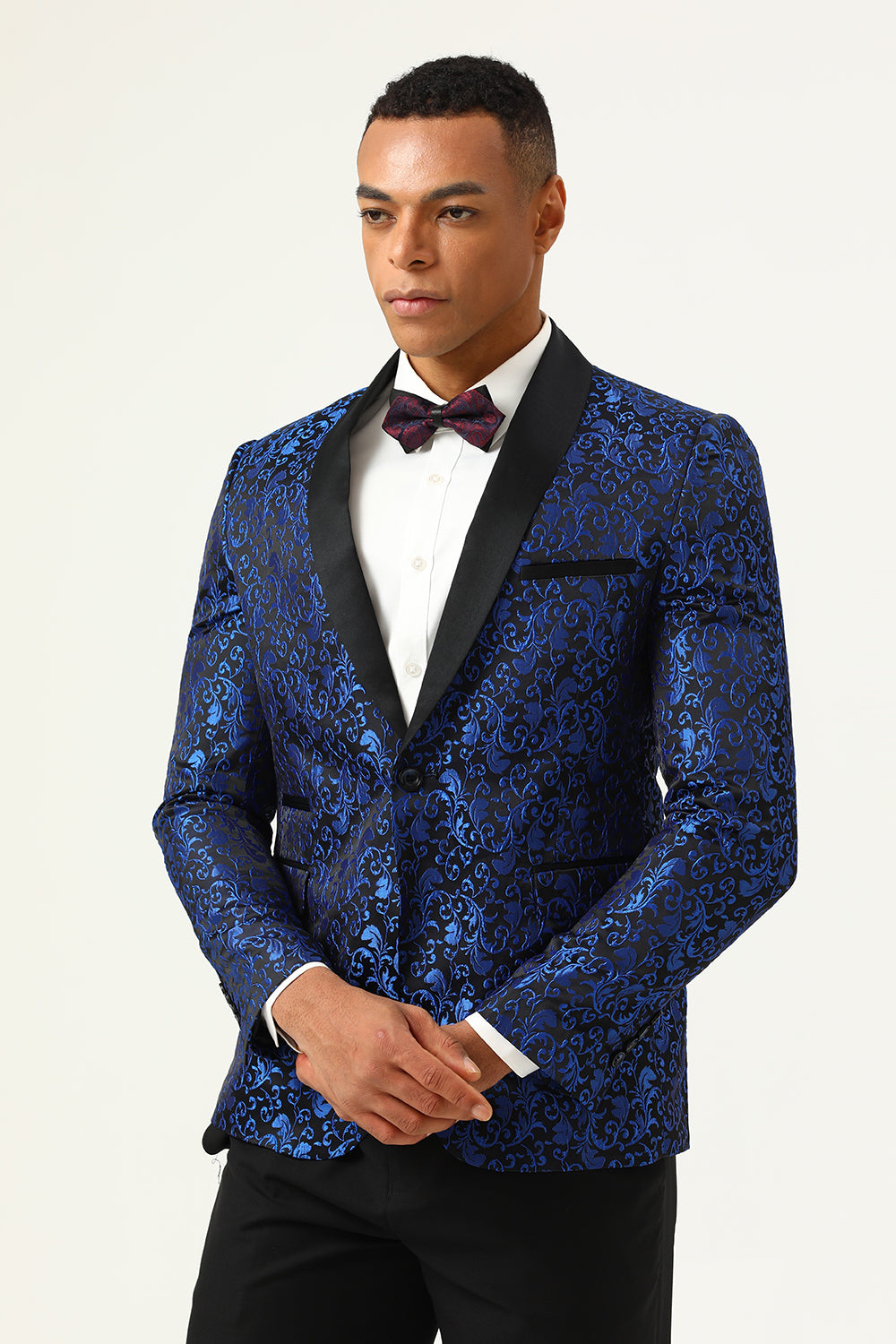 One Button Blue Shawl Lapel Jacquard Men’s Prom Blazer
