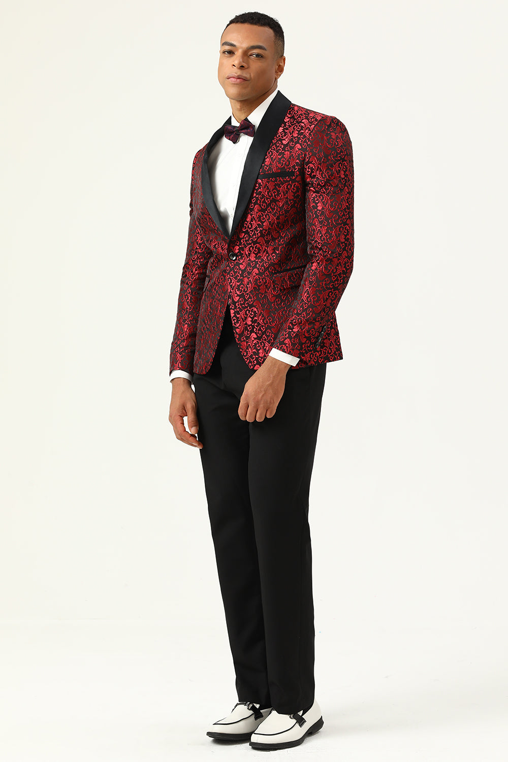 One Button Red Shawl Lapel Jacquard Men’s Prom Blazer