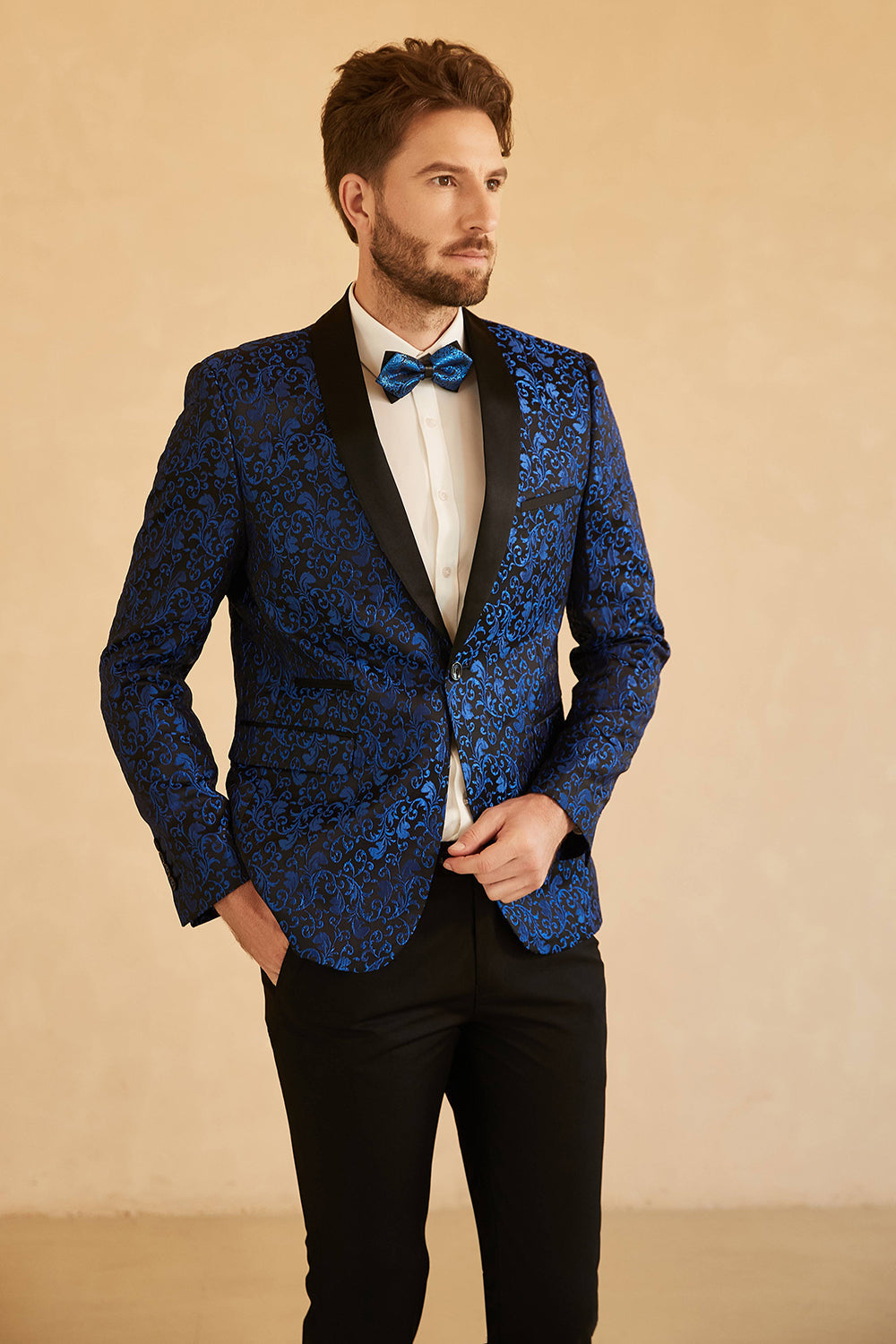 Châle rouge Revers Jacquard Blazer de bal des finissants masculin à un bouton