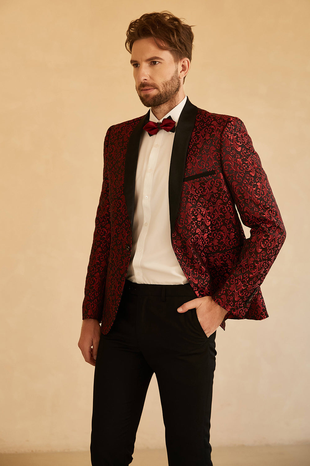 Châle blanc Revers Jacquard Blazer de bal des finissants pour hommes à un bouton
