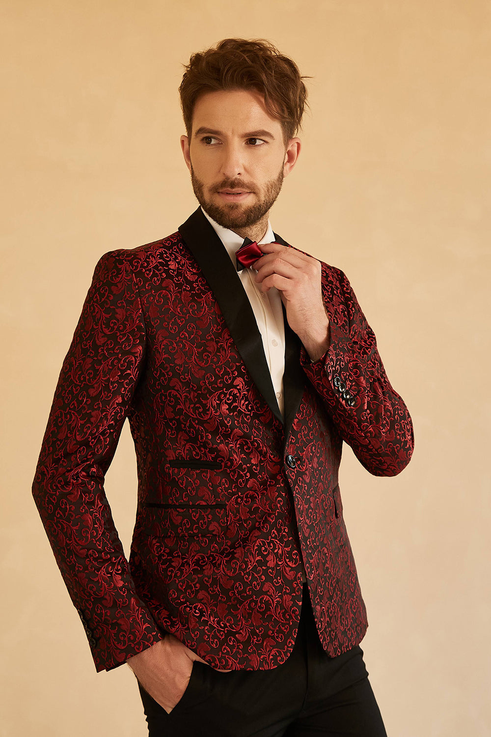 Châle rouge Revers Jacquard Blazer de bal des finissants masculin à un bouton