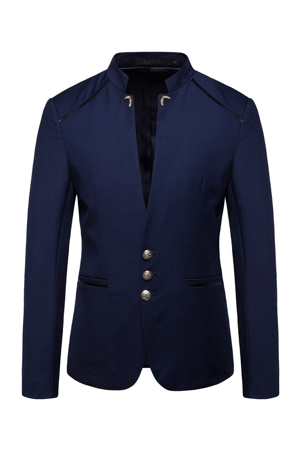 Navy Stand Collar Single Breasted Blazer pour hommes