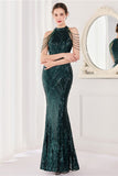 Sirène Halter Paillettes vert foncé Robe longue de bal