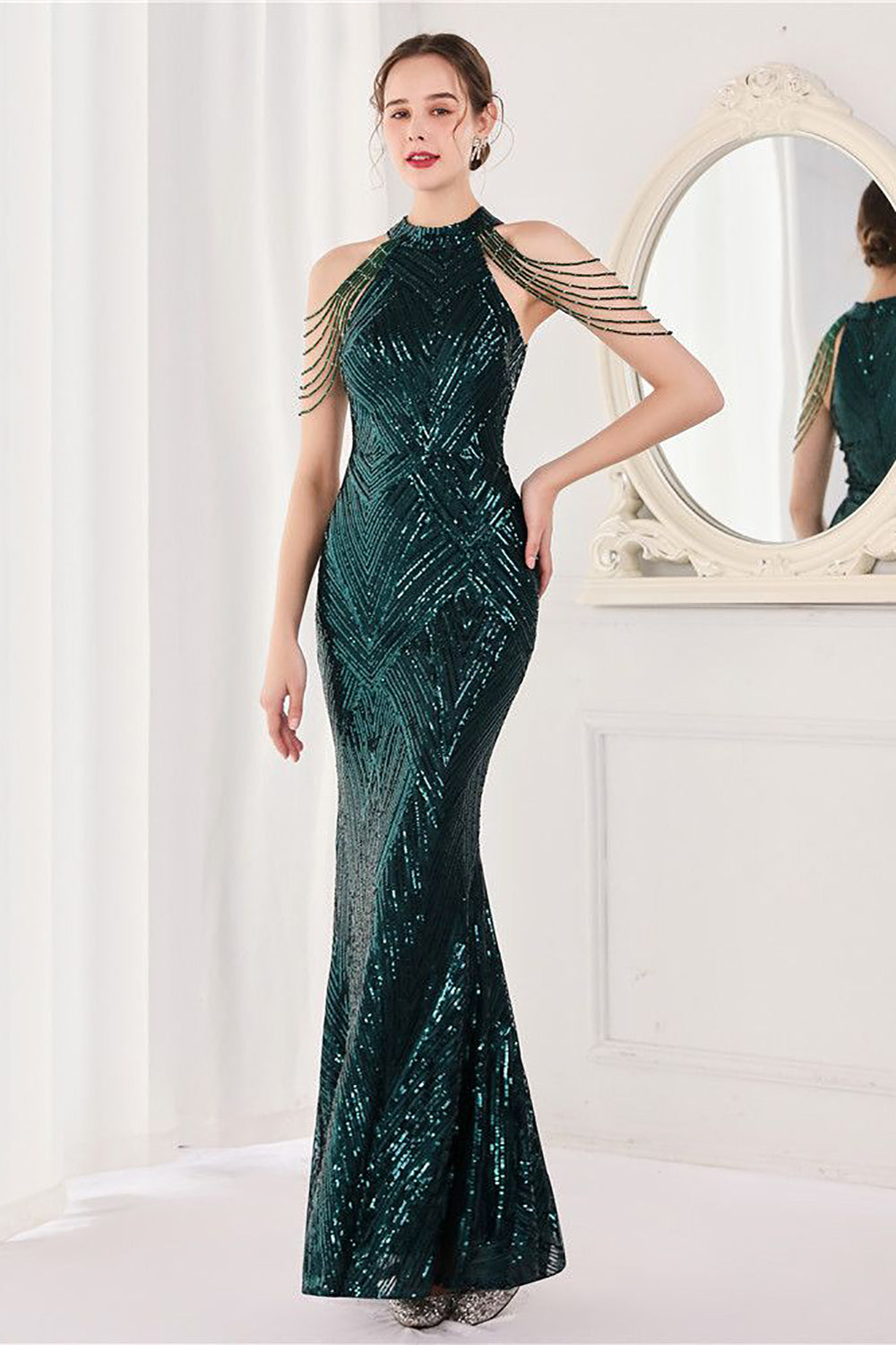 Sirène Halter Paillettes vert foncé Robe longue de bal
