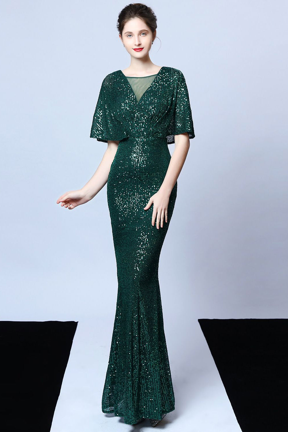Mermaid V Neck Dark Green Sequins Robe longue bal avec manches courtes