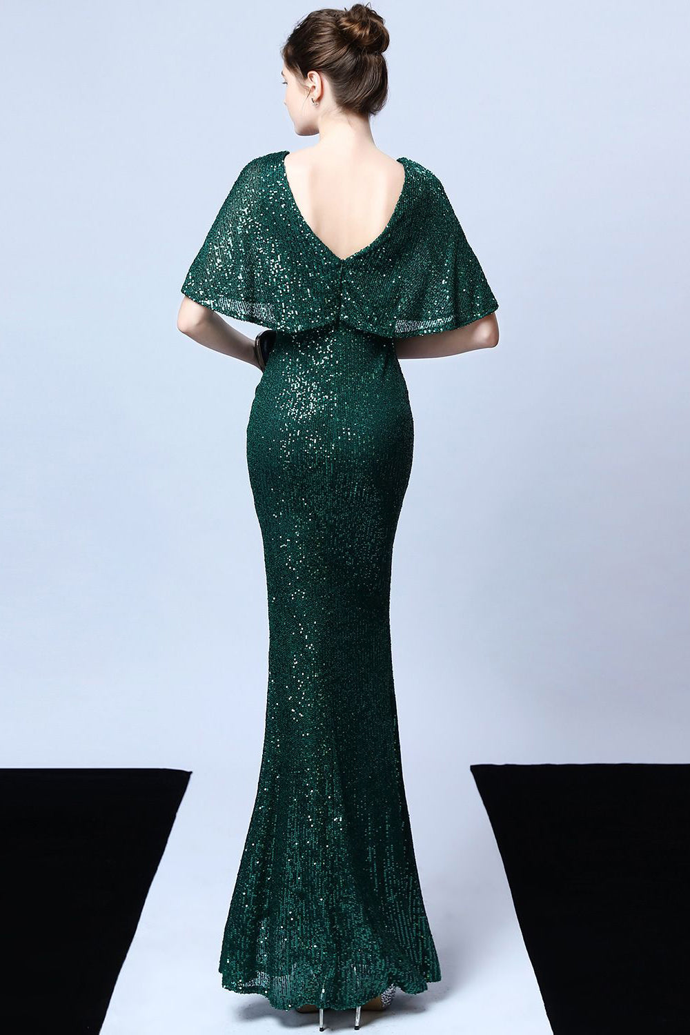 Mermaid V Neck Dark Green Sequins Robe longue bal avec manches courtes