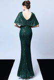 Mermaid V Neck Dark Green Sequins Robe longue bal avec manches courtes