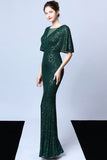 Mermaid V Neck Dark Green Sequins Robe longue bal avec manches courtes