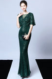Mermaid V Neck Dark Green Sequins Robe longue bal avec manches courtes