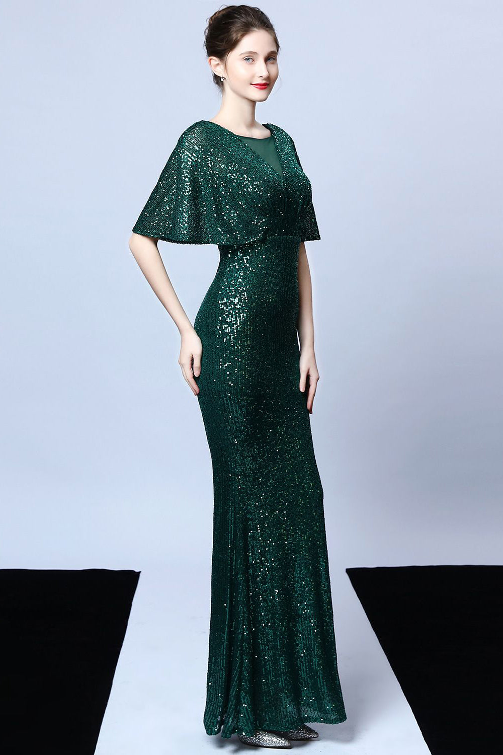 Mermaid V Neck Dark Green Sequins Robe longue bal avec manches courtes