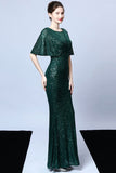 Mermaid V Neck Dark Green Sequins Robe longue bal avec manches courtes