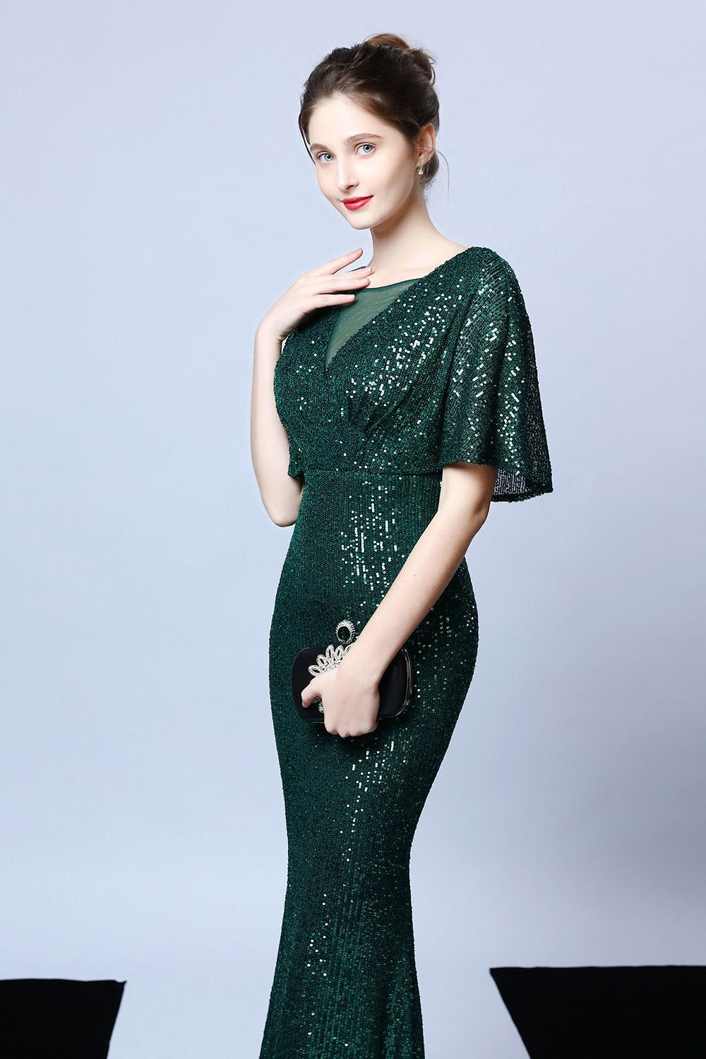 Mermaid V Neck Dark Green Sequins Robe longue bal avec manches courtes