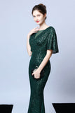Mermaid V Neck Dark Green Sequins Robe longue bal avec manches courtes