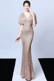 Mermaid V Neck Dark Green Sequins Robe longue bal avec manches courtes