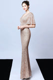 Mermaid V Neck Dark Green Sequins Robe longue bal avec manches courtes