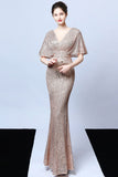 Mermaid V Neck Dark Green Sequins Robe longue bal avec manches courtes