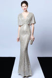 Mermaid V Neck Dark Green Sequins Robe longue bal avec manches courtes