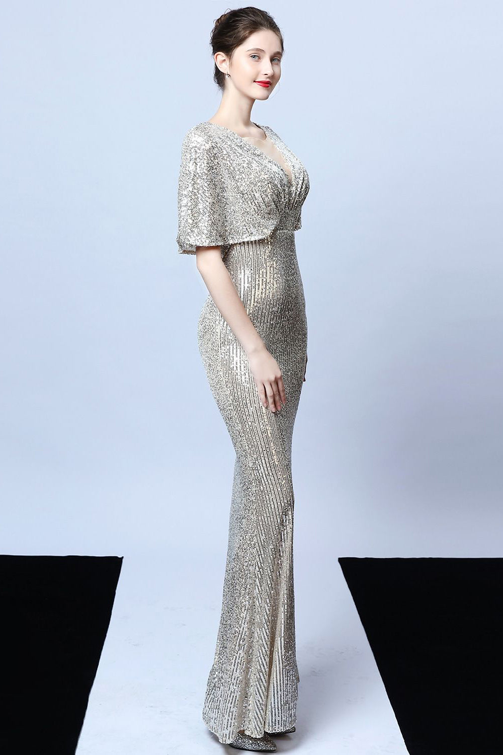 Mermaid V Neck Dark Green Sequins Robe longue bal avec manches courtes