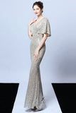 Mermaid V Neck Dark Green Sequins Robe longue bal avec manches courtes