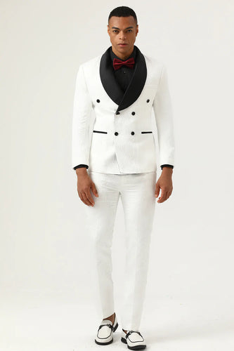 White Jacquard Shawl Lapel Duble Breasted 2 Piece Costume Homme