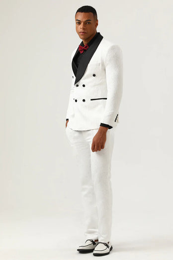 White Jacquard Shawl Lapel Duble Breasted 2 Piece Costume Homme