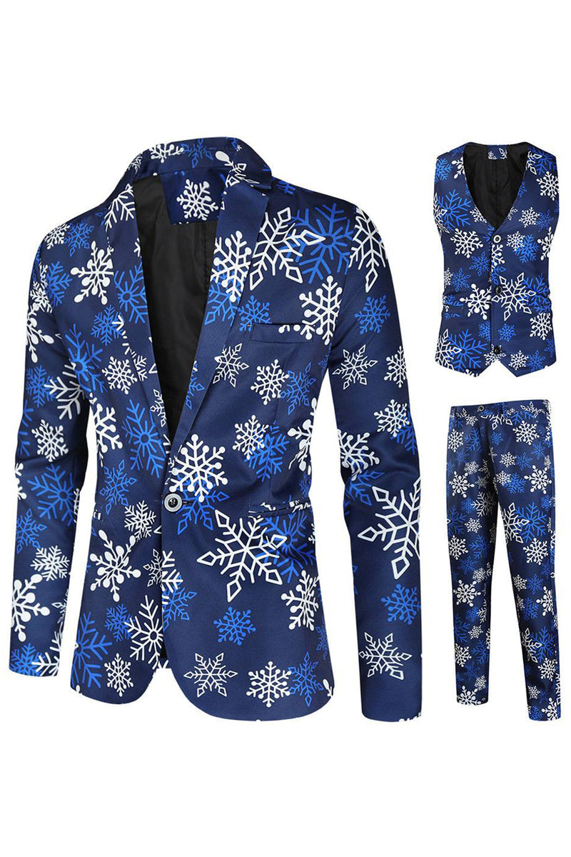 Charger l&#39;image dans la galerie, Blue Snowflake imprimé 3 pièces costumes de fête de Noël pour hommes
