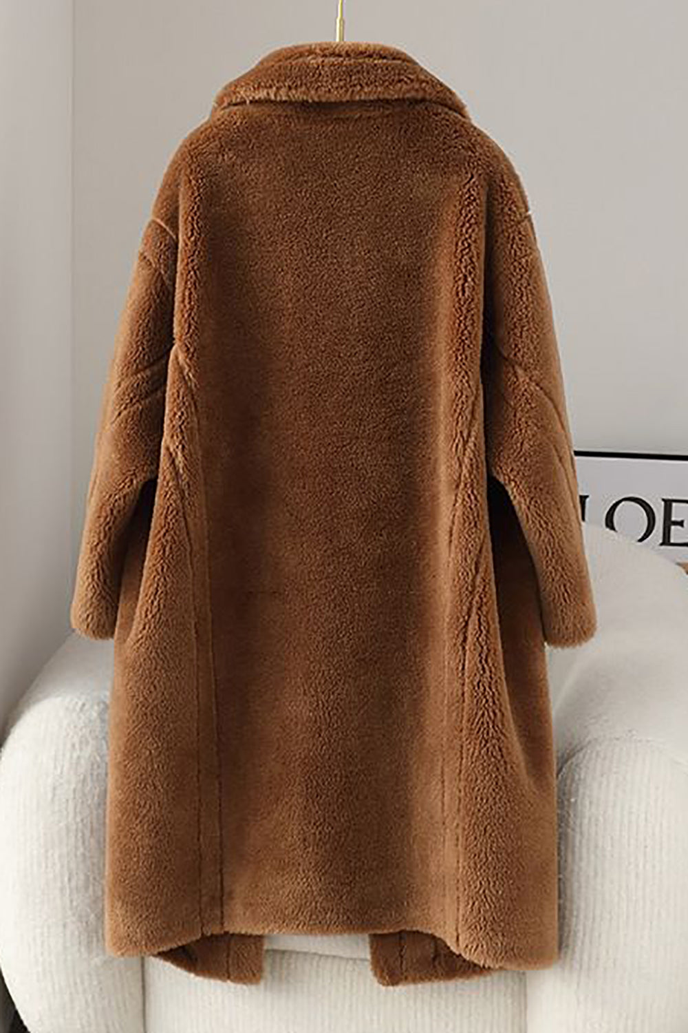 Marron Revers Entonné Long Manteau en laine teddy