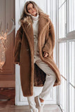 Marron Revers Entonné Long Manteau en laine teddy