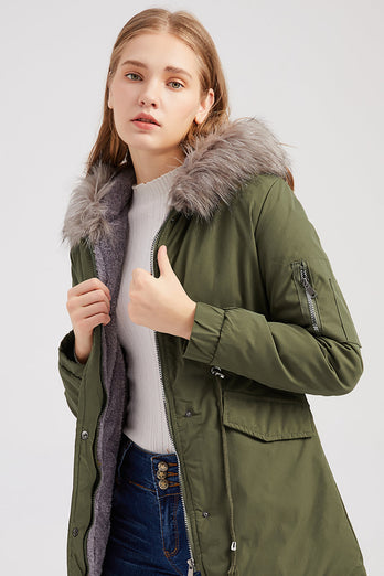 Manteau mi-long en molleton d’hiver chaud plus à capuche vert armée