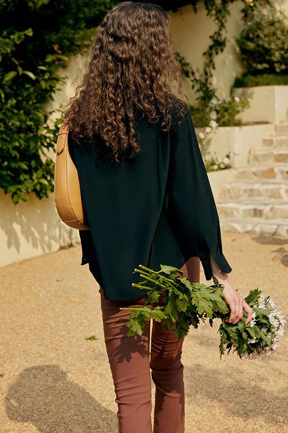 Noir Manches Longues Bouton Down Femmes Chemisier en soie