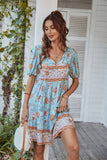 V Col Bohème Style Imprimé Robe d’été bleue