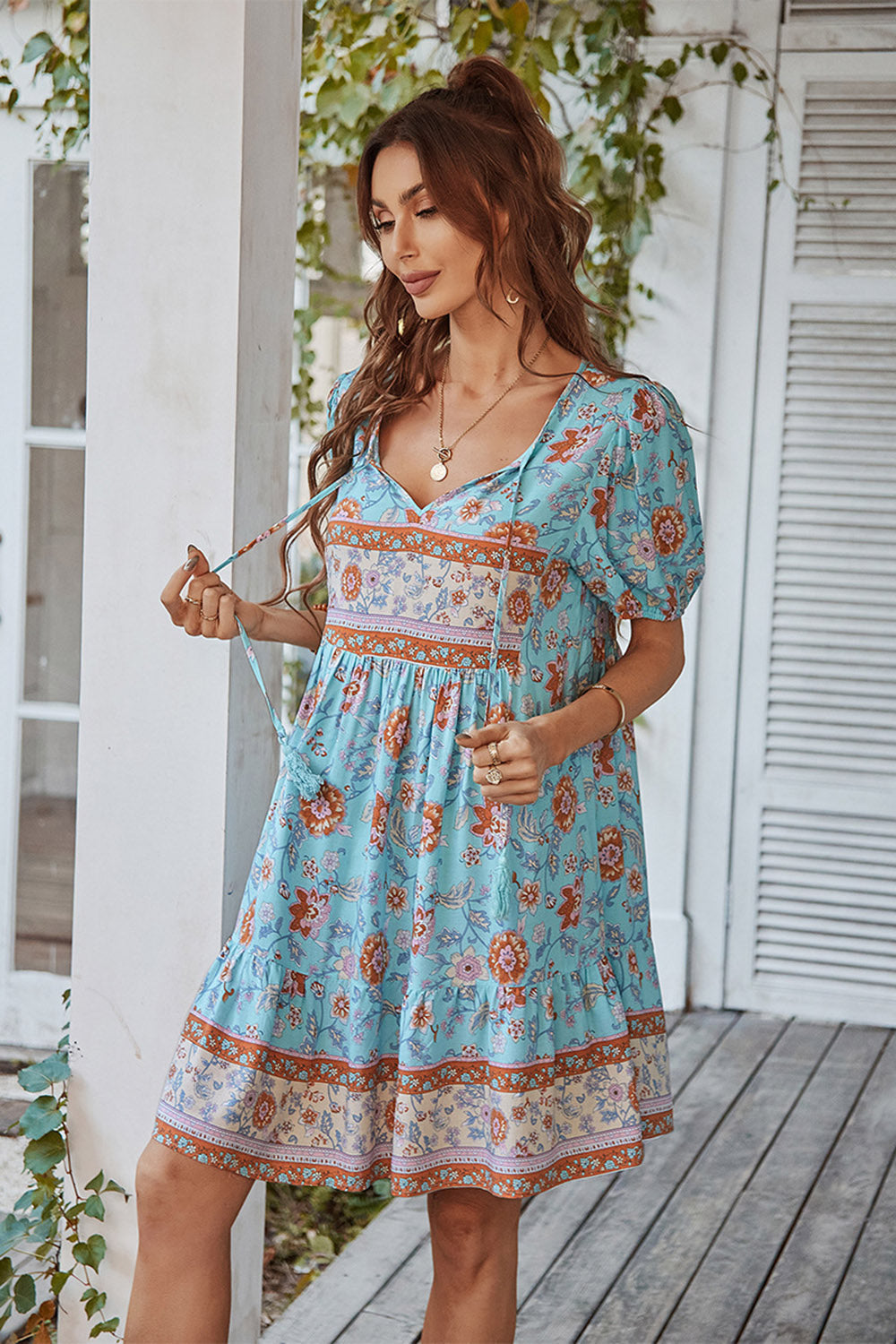 V Col Bohème Style Imprimé Robe d’été bleue