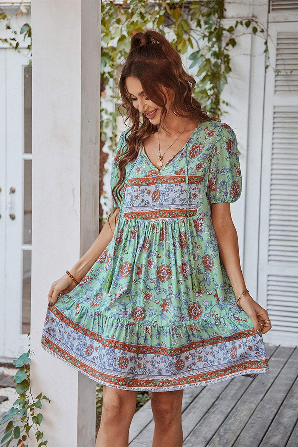 V Col Bohème Style Imprimé Robe d’été bleue