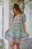 V Col Bohème Style Imprimé Robe d’été bleue