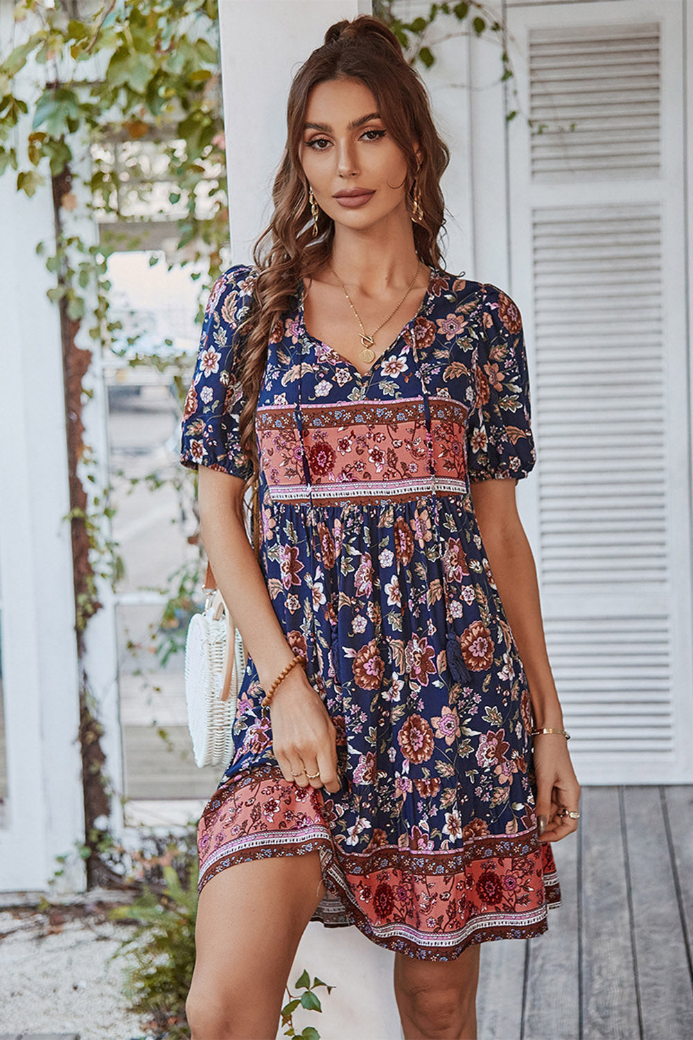 V Col Bohème Style Imprimé Robe d’été bleue
