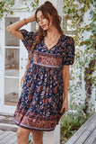 V Col Bohème Style Imprimé Robe d’été bleue