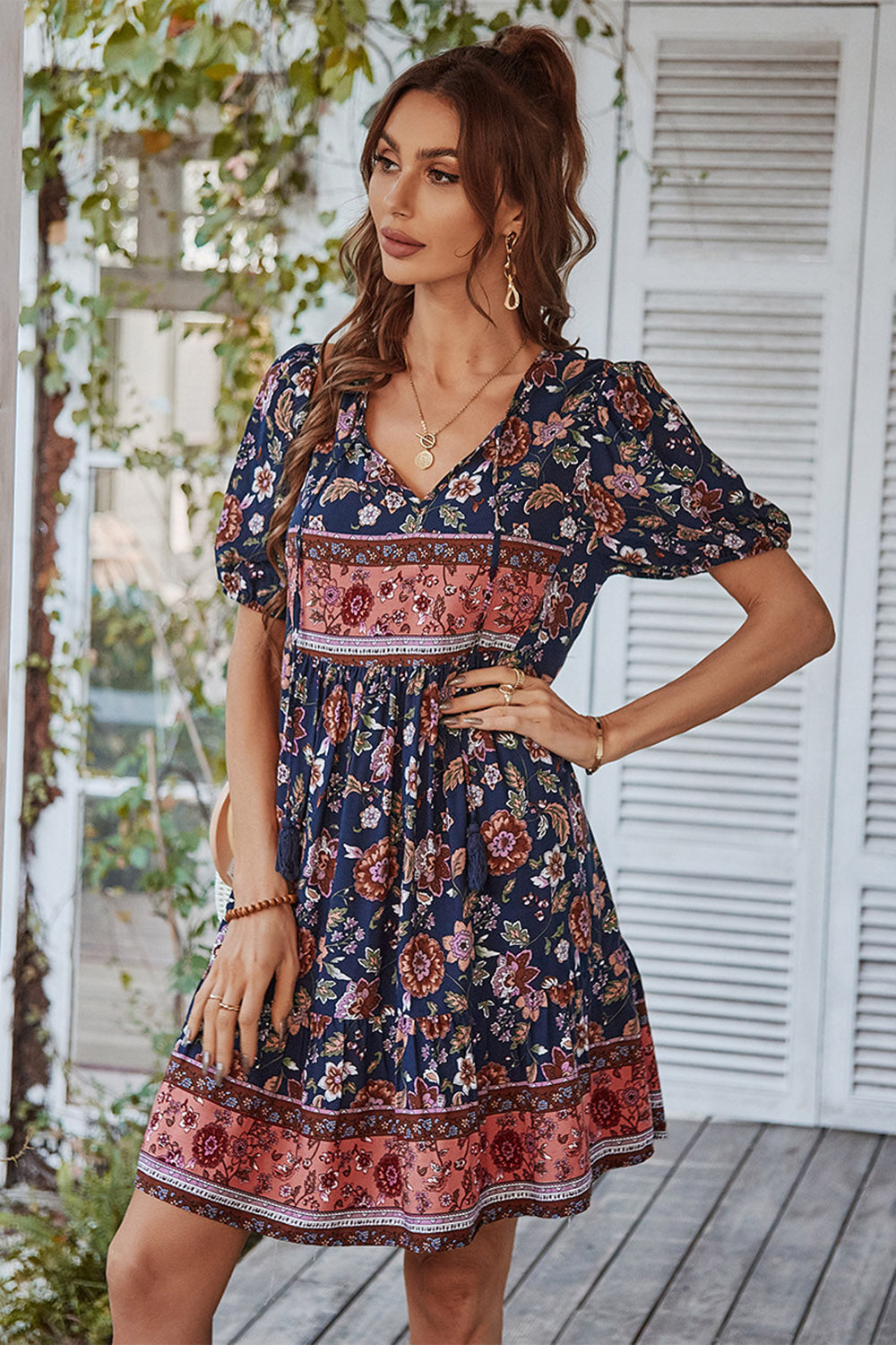 V Col Bohème Style Imprimé Robe d’été bleue