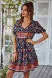 V Col Bohème Style Imprimé Robe d’été bleue