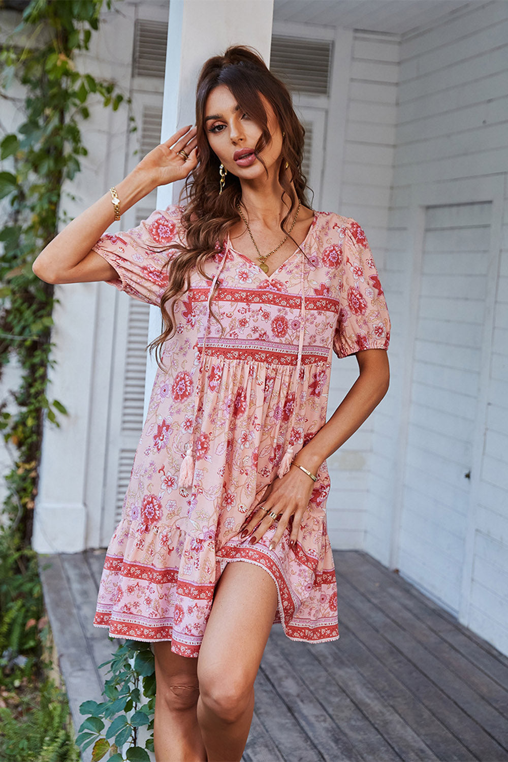 V Col Bohème Style Imprimé Robe d’été bleue