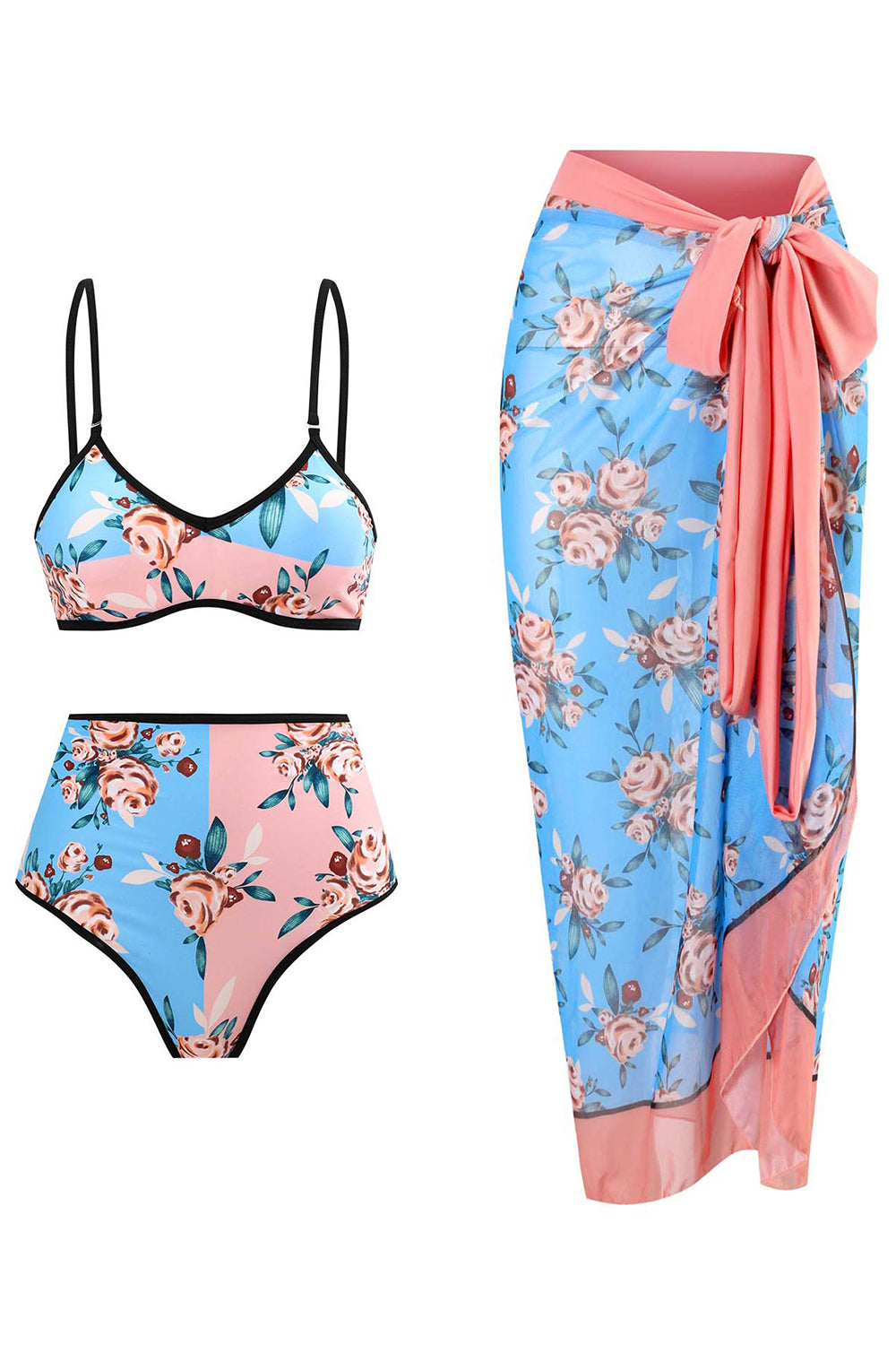 Ensemble de bikini 3 pièces imprimé floral avec jupe de plage