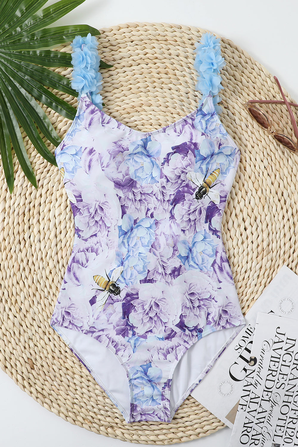 Maillot de bain taille haute taille bleue une pièce avec fleurs