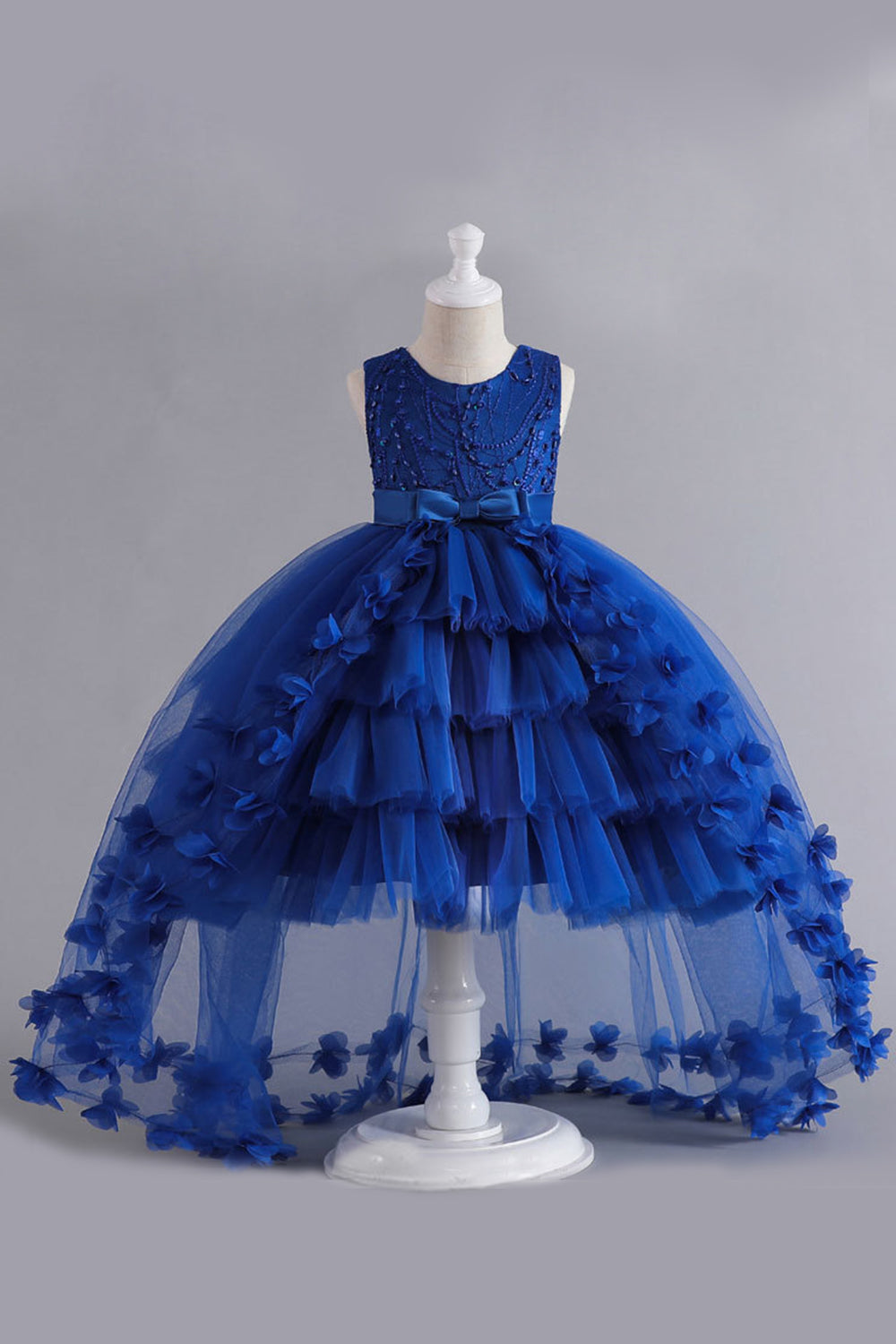 Robe bleue haute basse pour filles avec nœud papillon