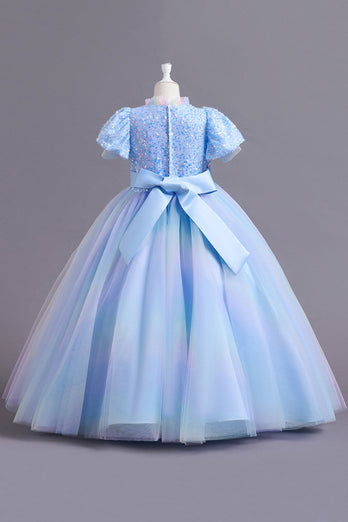 Puff Sleeves Blue Sequins Tulle Robe Fille