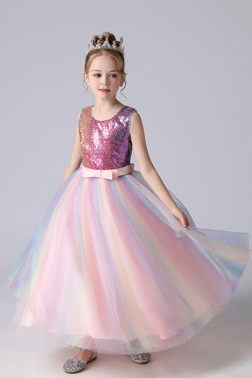 A-Line Sparkly Rose Sequins Kids Girls' Dress with Bows