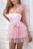 Robe de cocktail rose en tulle à une épaule avec nœud