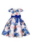 Robe bleue fleurie pour filles avec nœud papillon