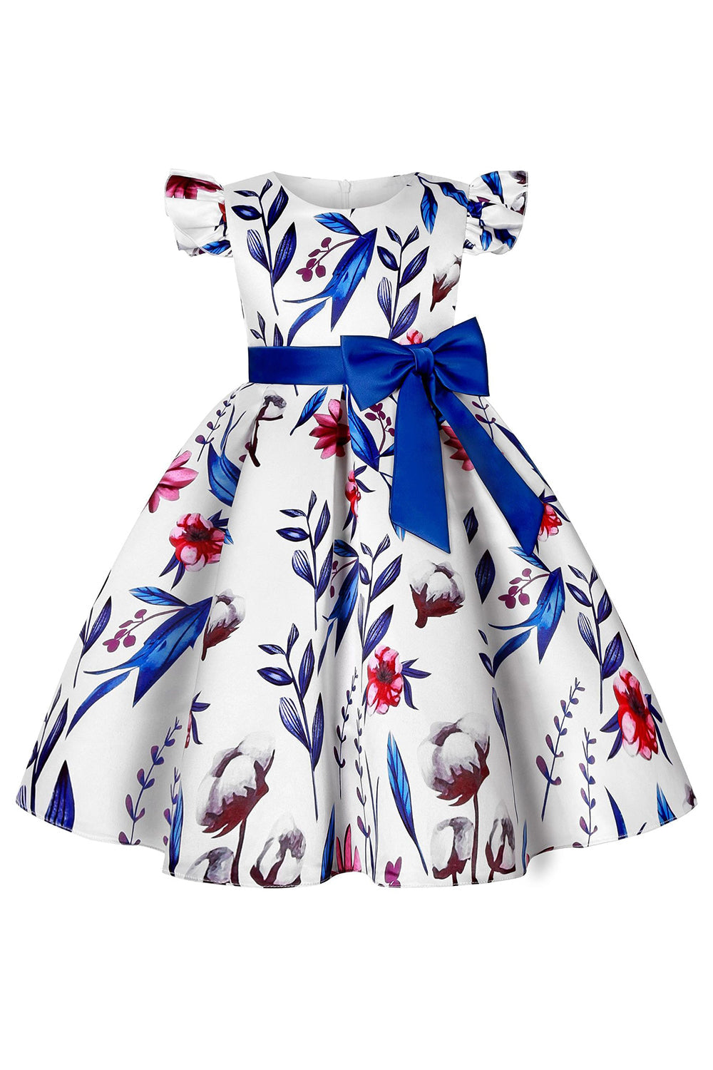 Robe de soirée bleue à manches bouffantes pour filles avec nœud papillon