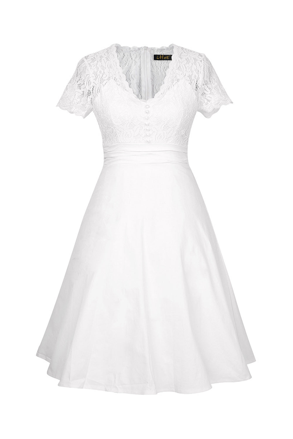 Robe blanche à col en V massif des années 50 avec dentelle